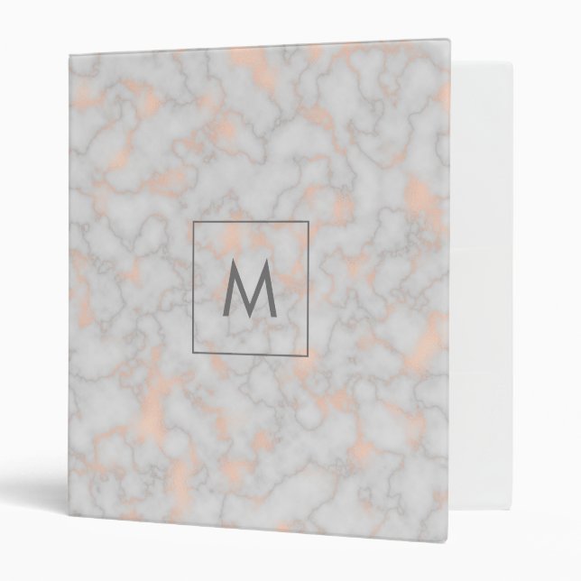 Faux Marble and Rose Gold Texture Monogrammed 3 Ring Binder (Front/Inside)