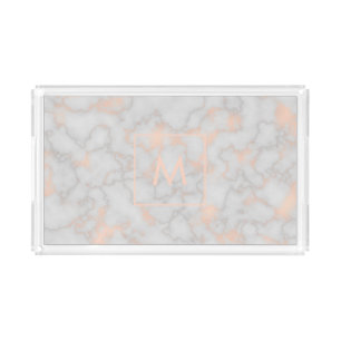 Faux Marble and Rose Gold Texture Monogrammed Acrylic Tray