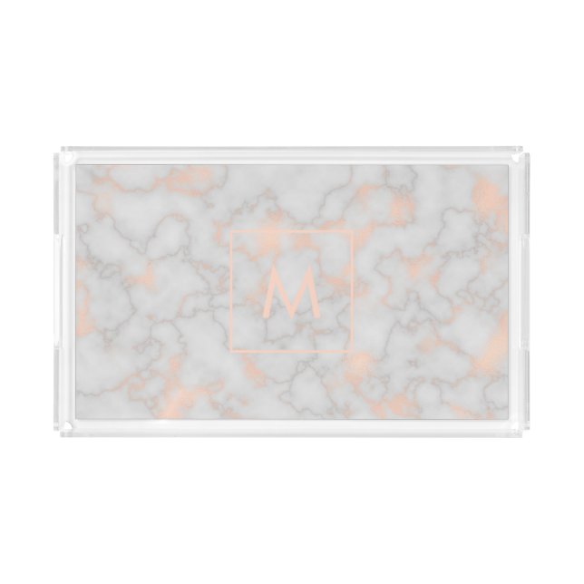 Faux Marble and Rose Gold Texture Monogrammed Acrylic Tray (Front)
