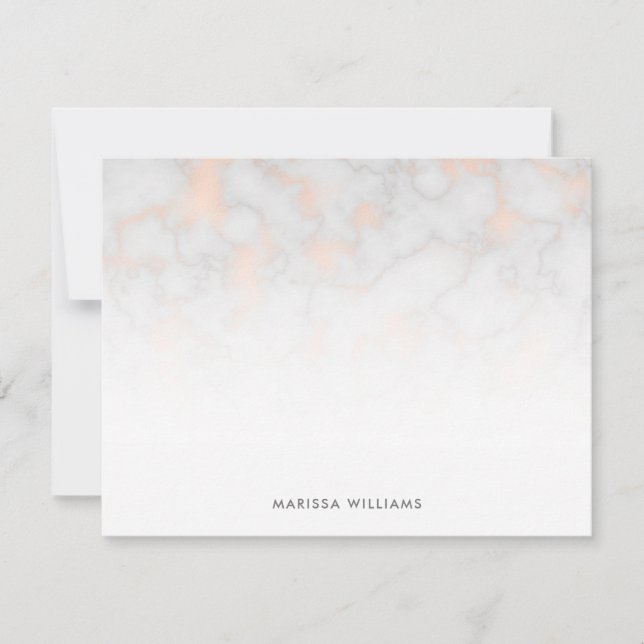 Faux Marble and Rose Gold Texture Monogrammed Note Card (Front)
