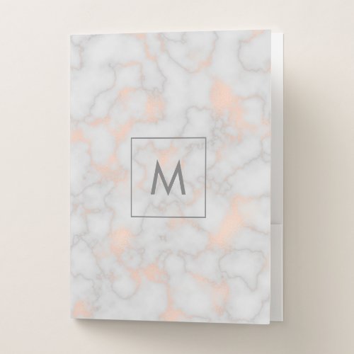 Faux Marble and Rose Gold Texture Monogrammed Pocket Folder
