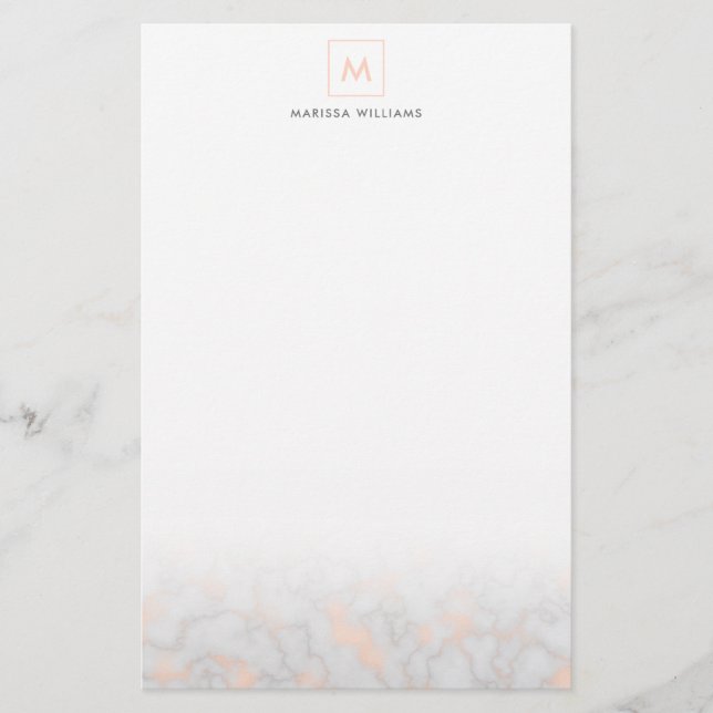 Faux Marble and Rose Gold Texture Monogrammed Stationery (Front)
