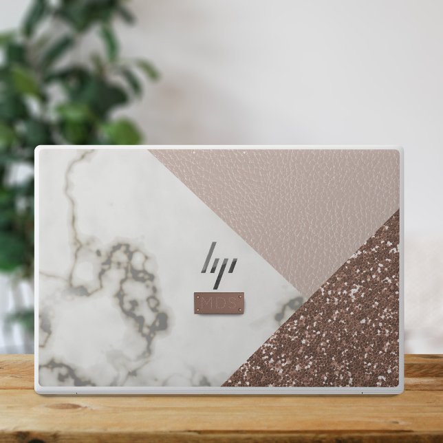 Faux Marble Blush Rose Gold Glitter HP Laptop Skin (There's a Marble Blush Rose Gold Glitter party on this and you're invited to add your initials to it)