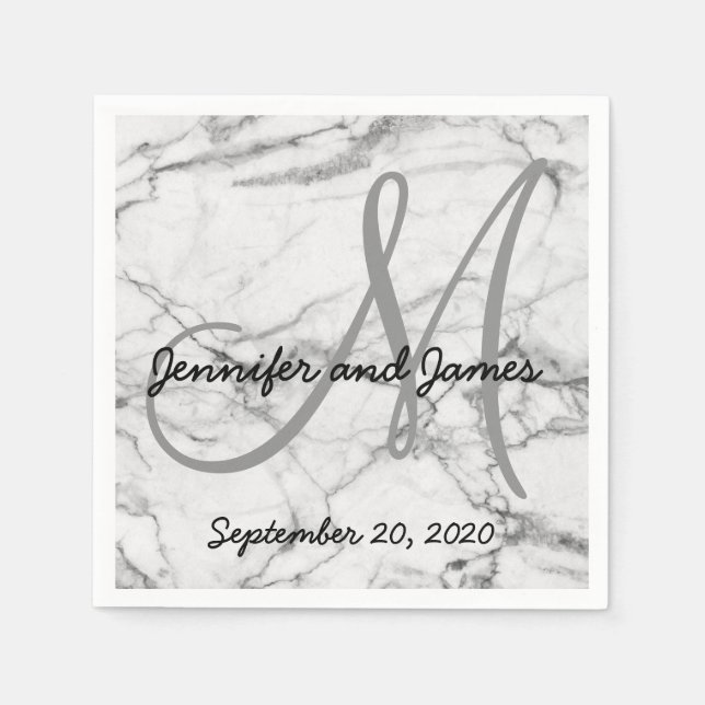 Faux Marble Grey Monogram Names Wedding Napkins (Front)