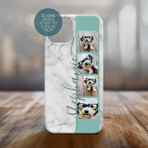 Faux Marble Print - 4 Photos Handwritten Font teal Case-Mate iPhone 14 Case