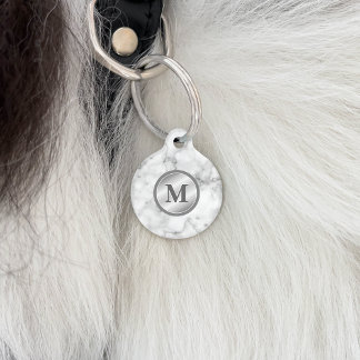 Faux Marble Texture With Monogram And Pet's Info Pet Tag