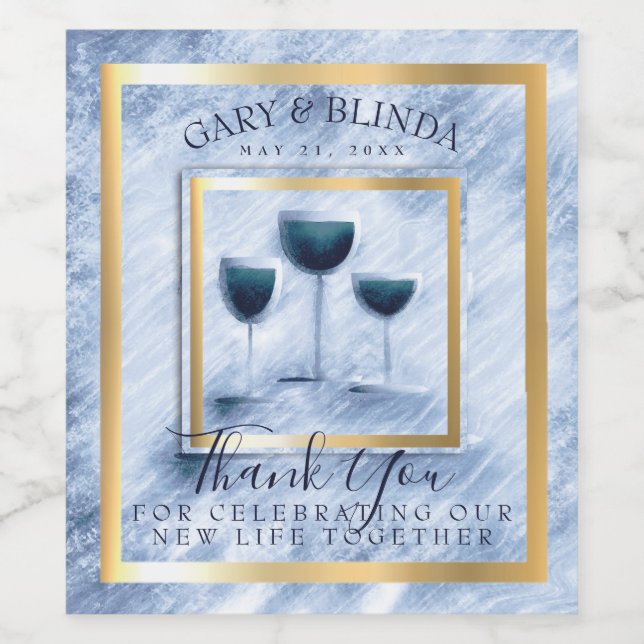 Faux marble wedding wine personalized wine blue label (Single Label)