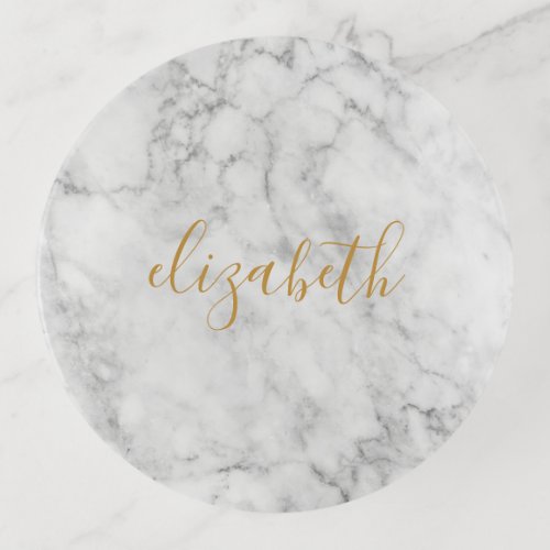 Faux Marble with Gold Calligraphy Name Trinket Tray