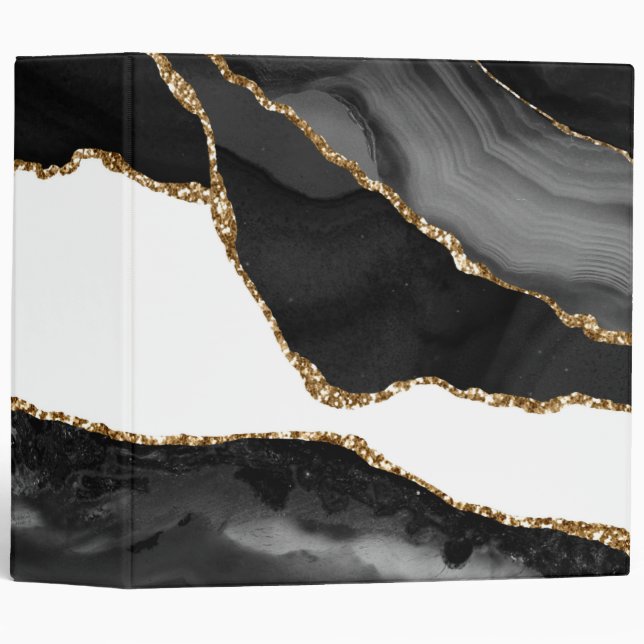 Faux Marbled Agate Black Stylish Stone Luxury 3 Ring Binder (Front/Spine)