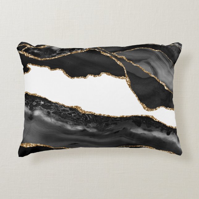 Faux Marbled Agate Black Stylish Stone Luxury Accent Pillow (Front)
