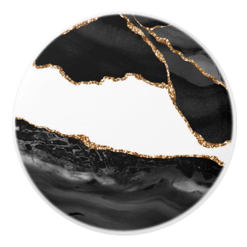Faux Marbled Agate Black Stylish Stone Luxury Ceramic Knob