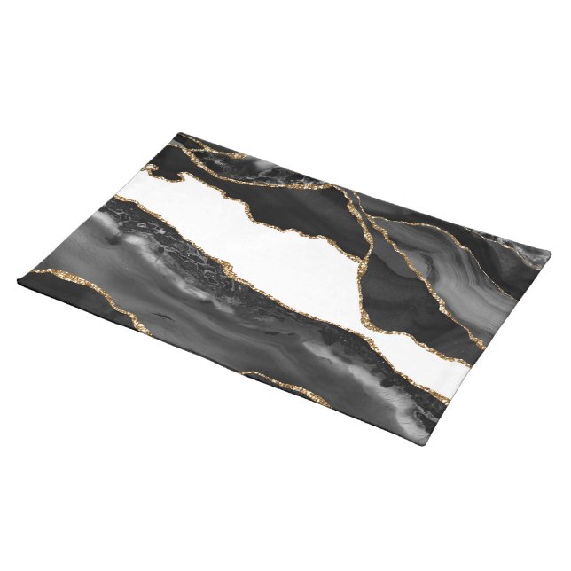 Faux Marbled Agate Black Stylish Stone Luxury Cloth Placemat (On Table)