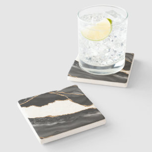 Faux Marbled Agate Black Stylish Stone Luxury Coaster