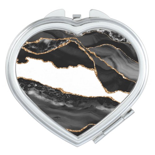 Faux Marbled Agate Black Stylish Stone Luxury Compact Mirror