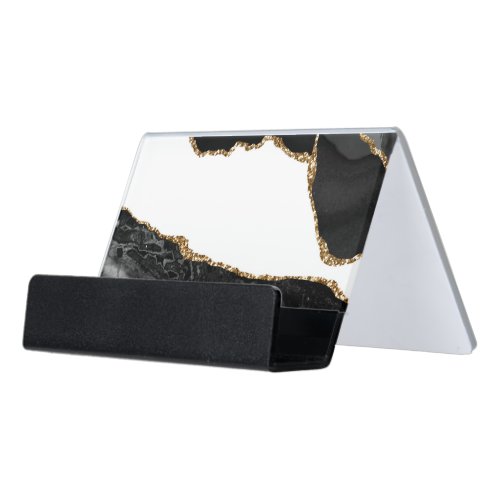 Faux Marbled Agate Black Stylish Stone Luxury Desk Business Card Holder