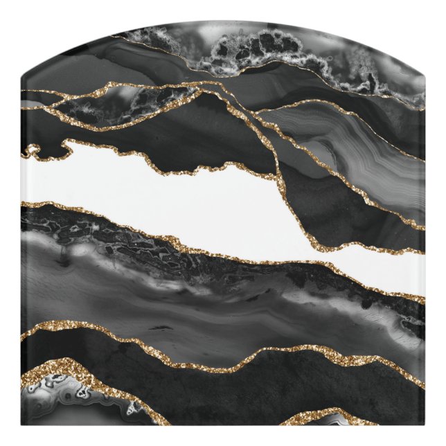 Faux Marbled Agate Black Stylish Stone Luxury Door Sign (Contour Front)