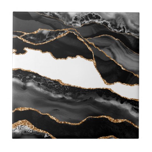 Faux Marbled Agate Black Stylish Stone Luxury Gold Ceramic Tile