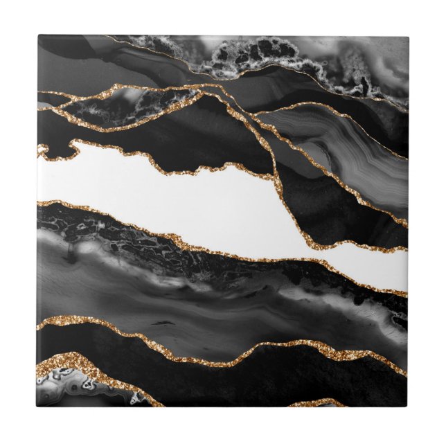 Faux Marbled Agate Black Stylish Stone Luxury Gold Ceramic Tile (Front)
