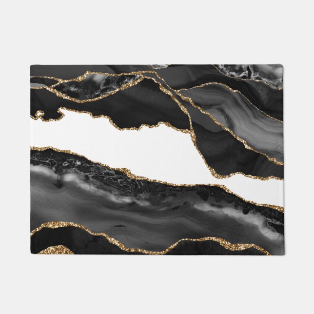 Faux Marbled Agate Black Stylish Stone Luxury Gold Doormat (Front)