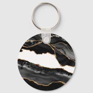 Faux Marbled Agate Black Stylish Stone Luxury Gold Keychain