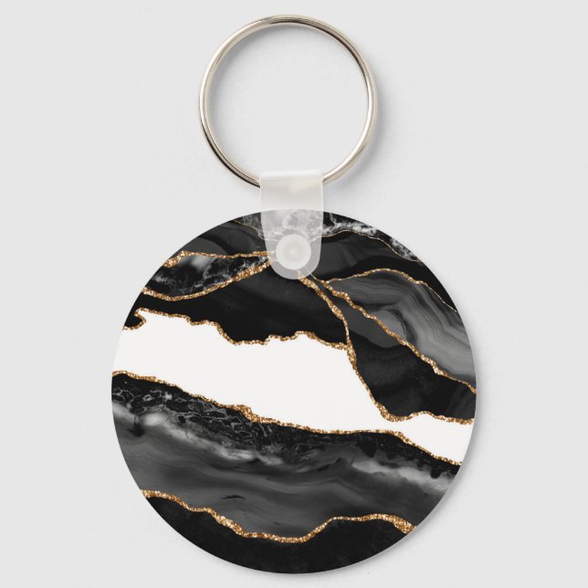 Faux Marbled Agate Black Stylish Stone Luxury Gold Keychain (Front)