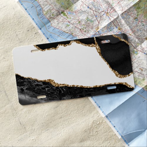 Faux Marbled Agate Black Stylish Stone Luxury Gold License Plate