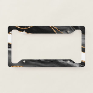 Faux Marbled Agate Black Stylish Stone Luxury Gold License Plate Frame