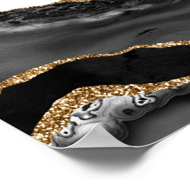 Faux Marbled Agate Black Stylish Stone Luxury Gold Poster (Corner)