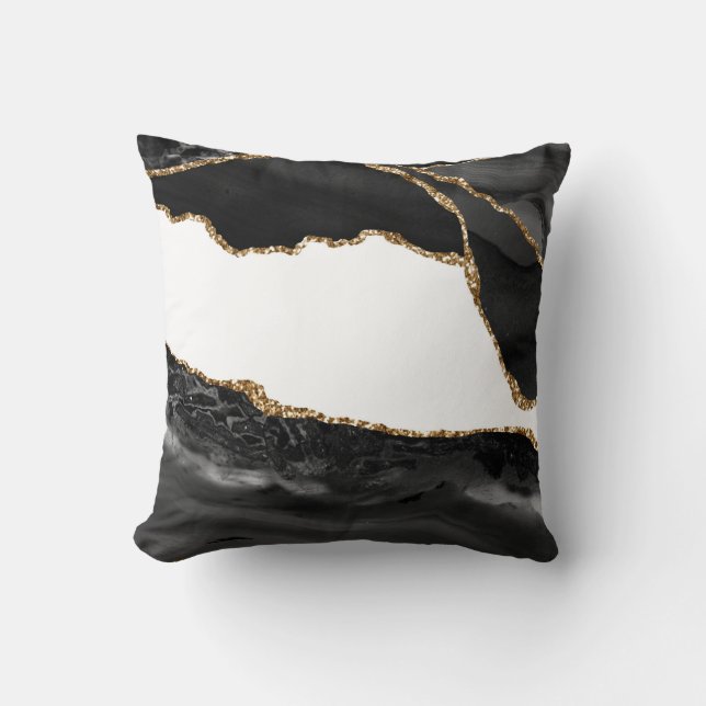 Faux Marbled Agate Black Stylish Stone Luxury Gold Throw Pillow (Front)