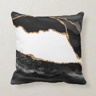 Faux Marbled Agate Black Stylish Stone Luxury Gold Throw Pillow