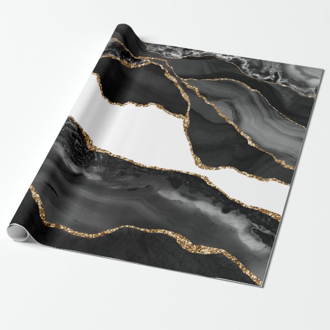 Faux Marbled Agate Black Stylish Stone Luxury Gold Wrapping Paper (Unrolled)
