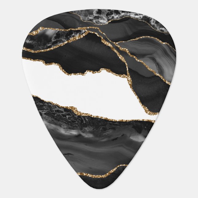 Faux Marbled Agate Black Stylish Stone Luxury Guitar Pick (Front)