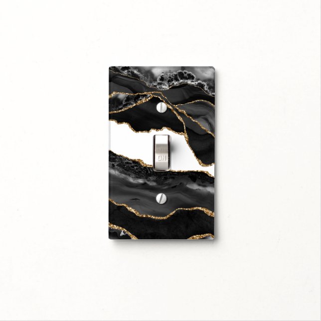 Faux Marbled Agate Black Stylish Stone Luxury Light Switch Cover (In Situ)