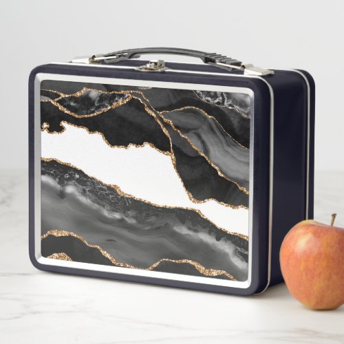 Faux Marbled Agate Black Stylish Stone Luxury Metal Lunch Box