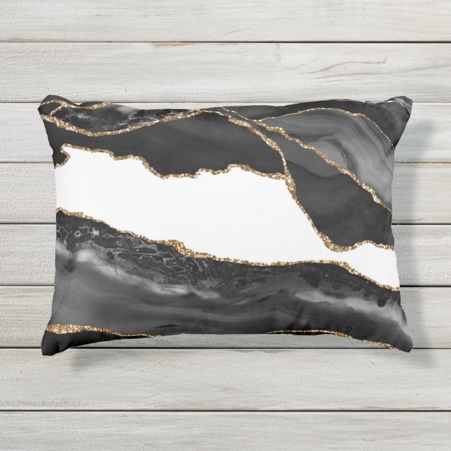 Faux Marbled Agate Black Stylish Stone Luxury Outdoor Pillow (Front)