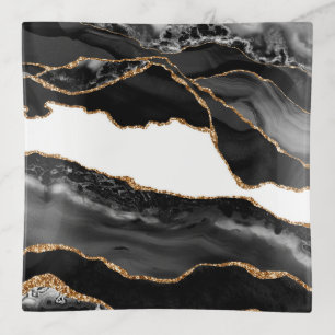 Faux Marbled Agate Black Stylish Stone Luxury Trinket Tray