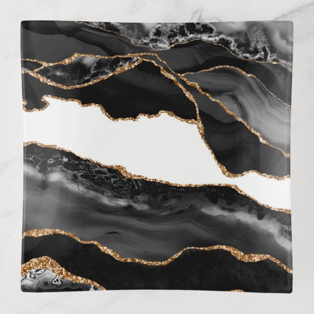 Faux Marbled Agate Black Stylish Stone Luxury Trinket Tray (Front)