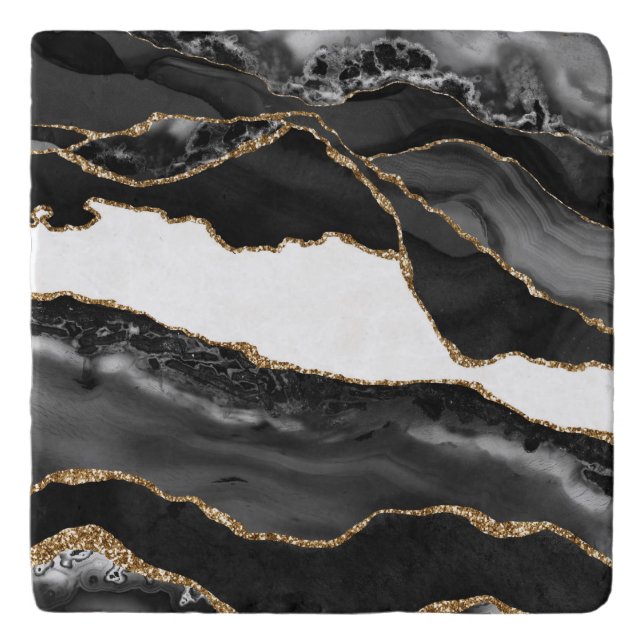 Faux Marbled Agate Black Stylish Stone Luxury Trivet (Front)