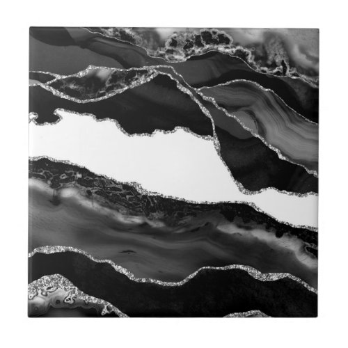 Faux Marbled Agate Black White Trendy Modern Stone Ceramic Tile