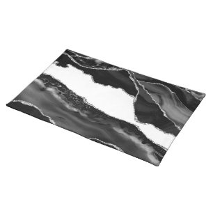 Faux Marbled Agate Black White Trendy Modern Stone Cloth Placemat