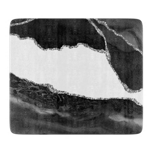 Faux Marbled Agate Black White Trendy Modern Stone Cutting Board