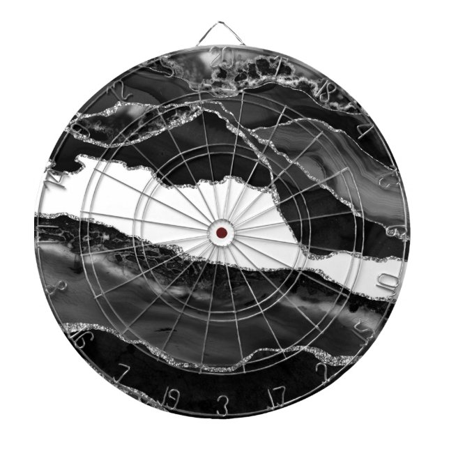 Faux Marbled Agate Black White Trendy Modern Stone Dart Board (Front)