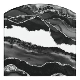 Faux Marbled Agate Black White Trendy Modern Stone Door Sign