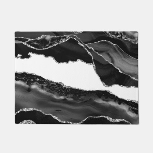 Faux Marbled Agate Black White Trendy Modern Stone Doormat