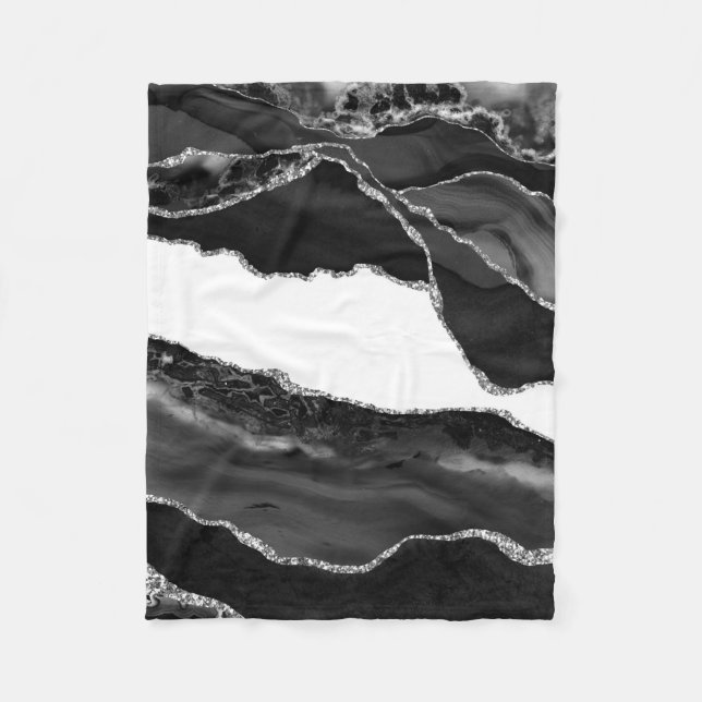 Faux Marbled Agate Black White Trendy Modern Stone Fleece Blanket (Front)