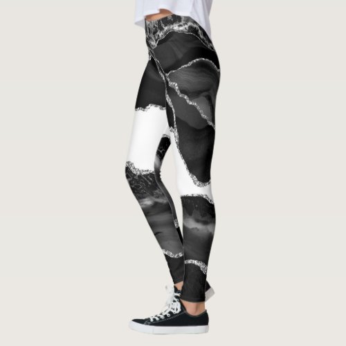 Faux Marbled Agate Black White Trendy Modern Stone Leggings