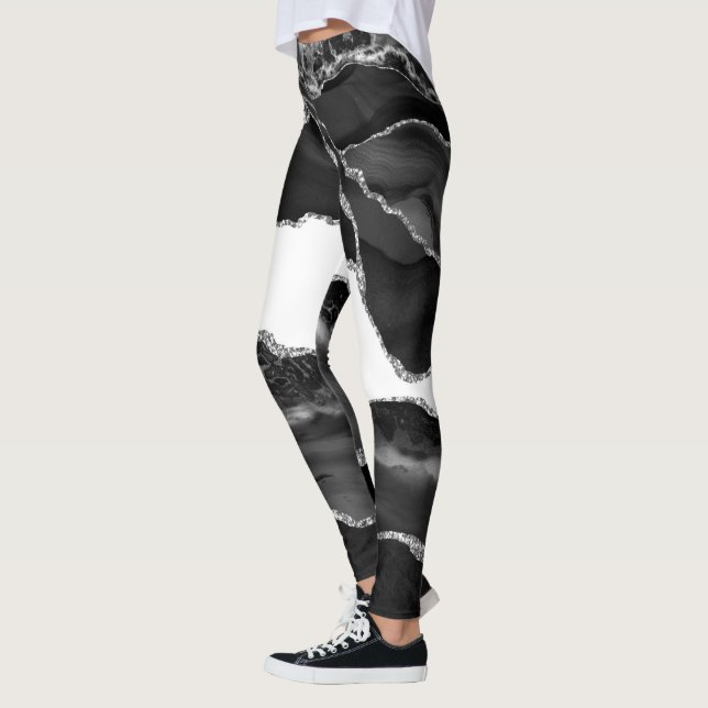 Faux Marbled Agate Black White Trendy Modern Stone Leggings (Left)