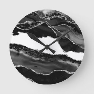 Faux Marbled Agate Black White Trendy Modern Stone Round Clock