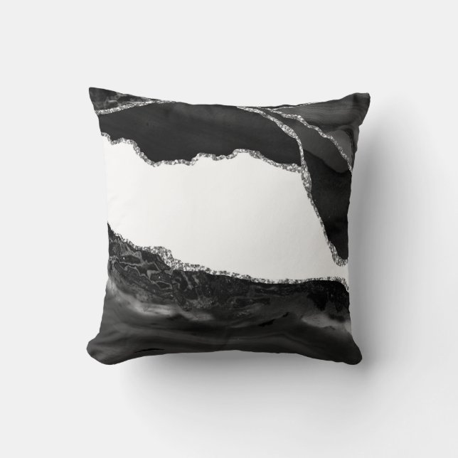 Faux Marbled Agate Black White Trendy Modern Stone Throw Pillow (Front)