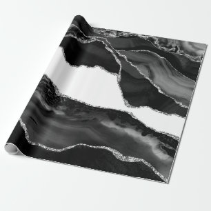Faux Marbled Agate Black White Trendy Modern Stone Wrapping Paper